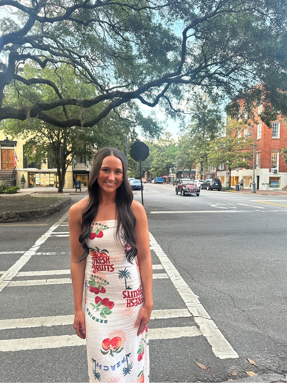 Sleeveless White Fruit-Print Maxi Dress